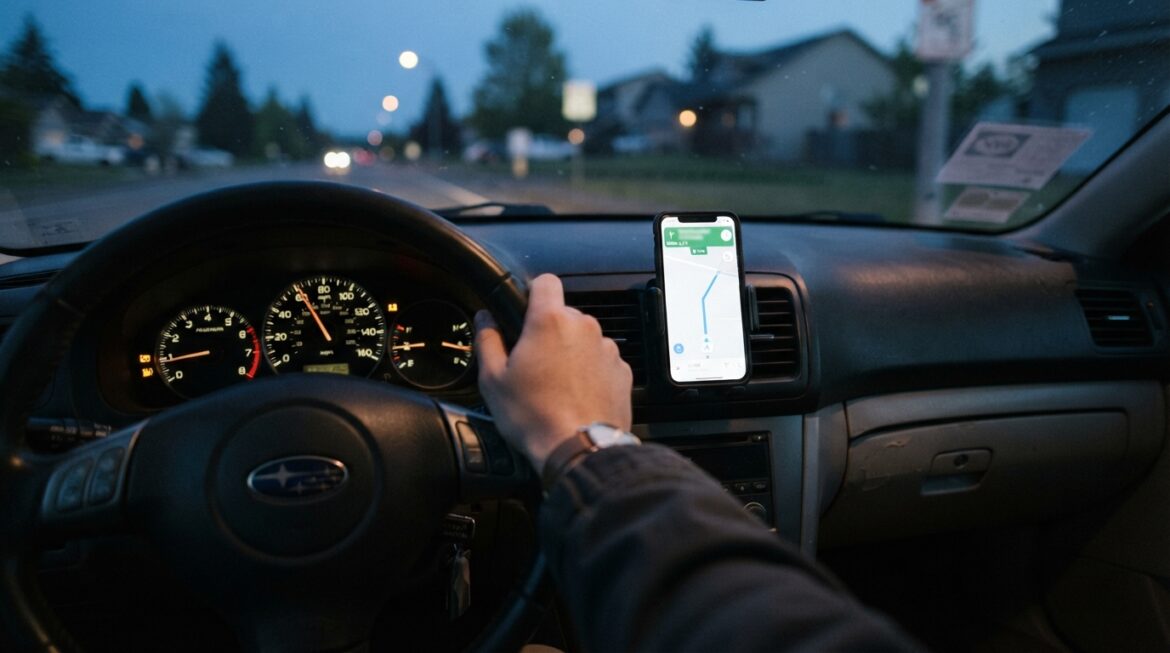 a car dashboard at dusk showing the speedometer and a phone mounted for navigation