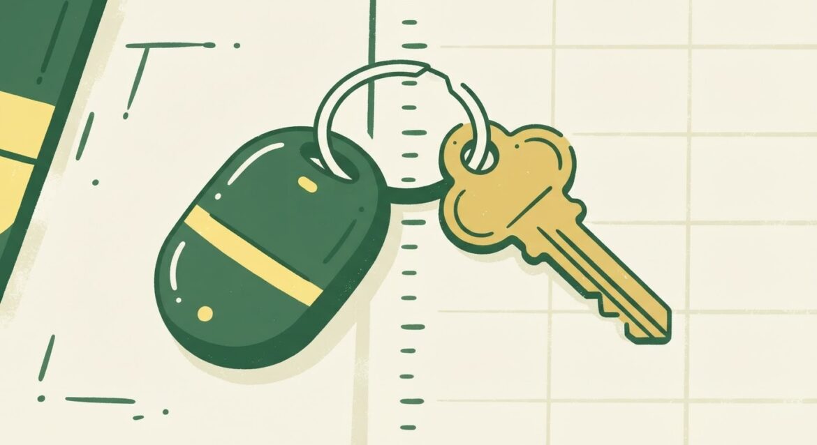 a single car key placed on a shared kitchen counter next to a house key