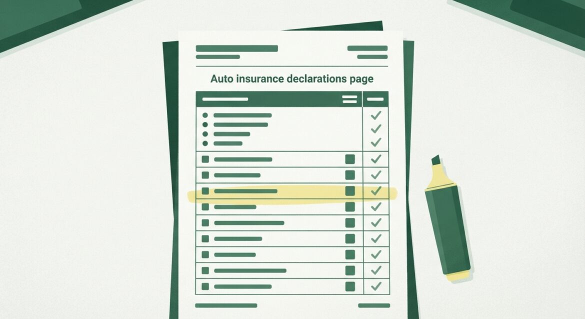 close-up of a printed auto insurance declarations page on a desk with a highlighter
